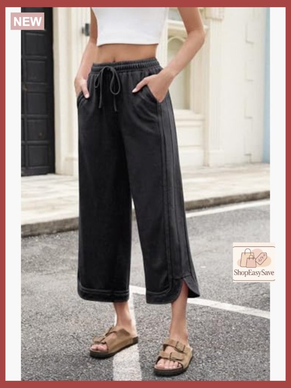 Wide Leg Baggy Sweatpants Drawstring High Rise Cropped Capri Joggers - Picture 4 of 7
